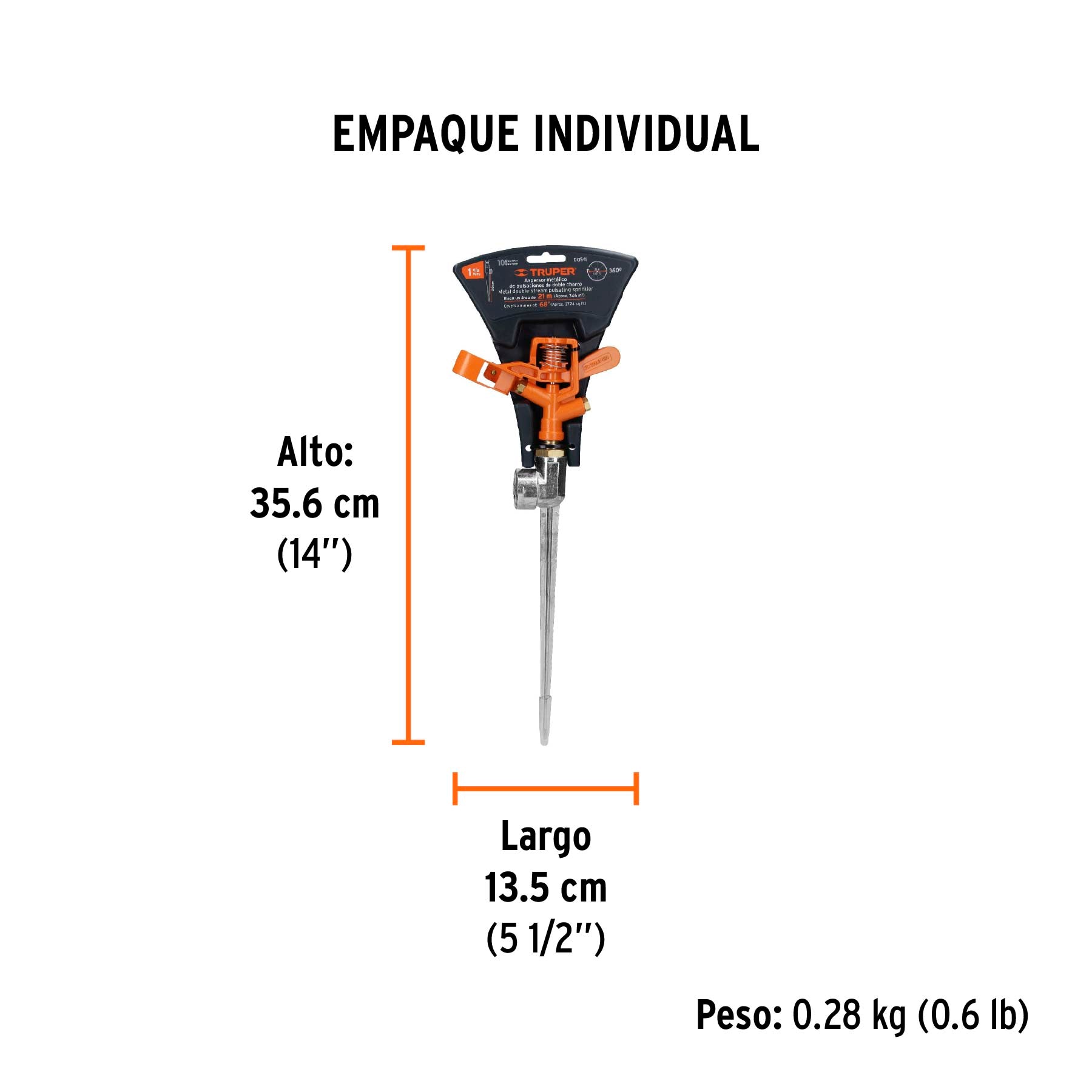 Aspersor metálico doble chorro, una vía, estaca de 11"