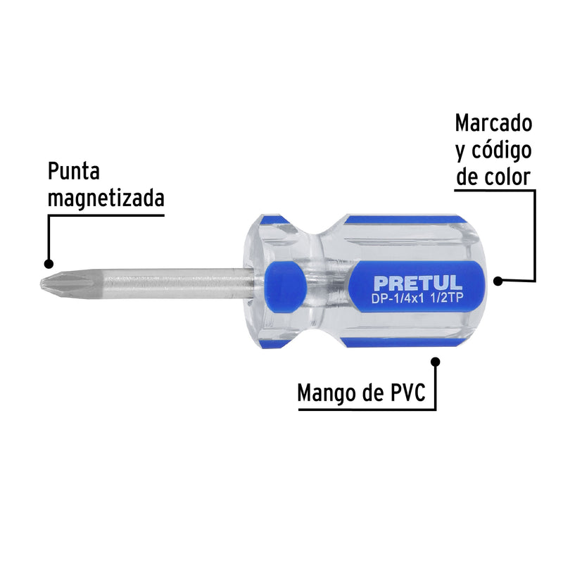 Desarmador punta phillips, 1/4 x 1-1/2", mango pvc, pretul