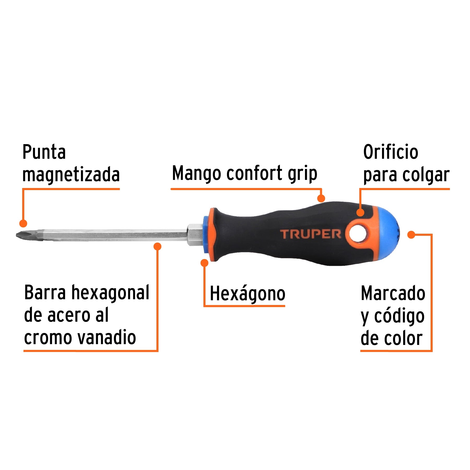 Desarmador punta phillips # 2, mango comfort grip, 4"