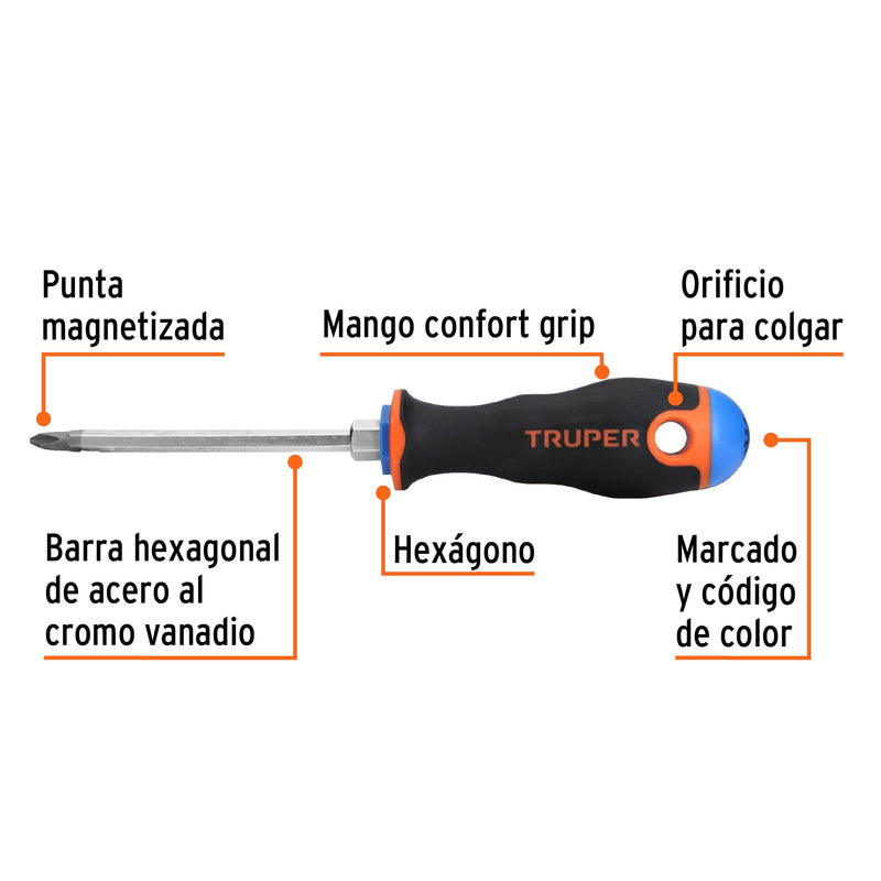 Desarmador punta phillips # 2, mango comfort grip, 4"