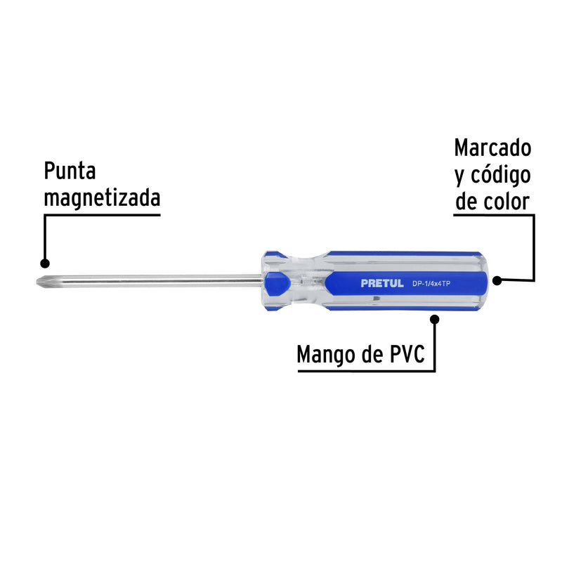 Desarmador punta phillips, 1/4 x 4", mango pvc, pretul