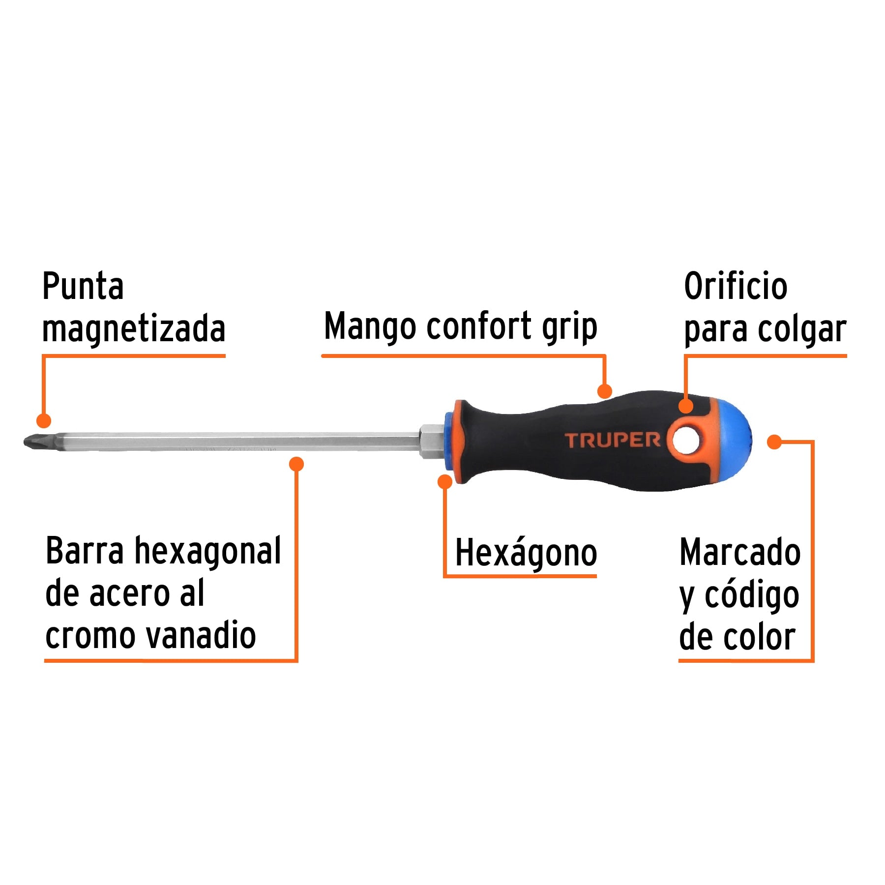 Desarmador punta phillips # 2, mango comfort grip, 6"