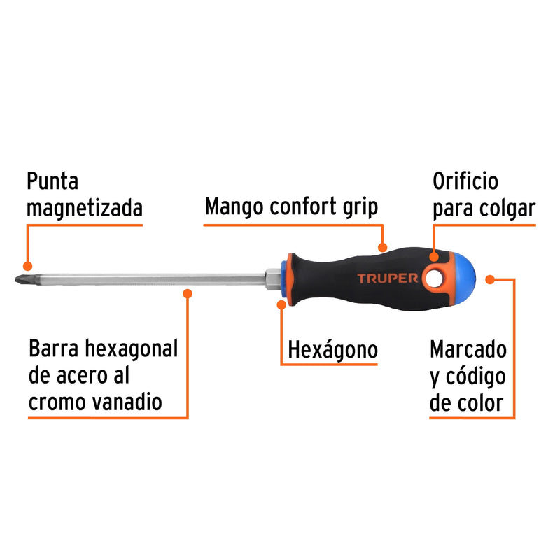 Desarmador punta phillips # 2, mango comfort grip, 6"