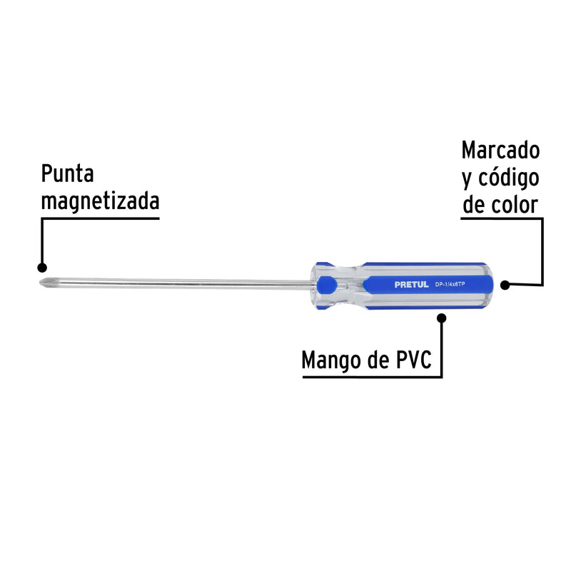 Desarmador punta phillips, 1/4 x 6", mango pvc, pretul
