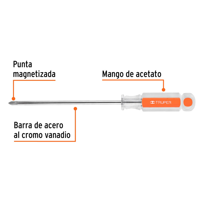 Desarmador punta phillips # 2, mango de acetato 6"