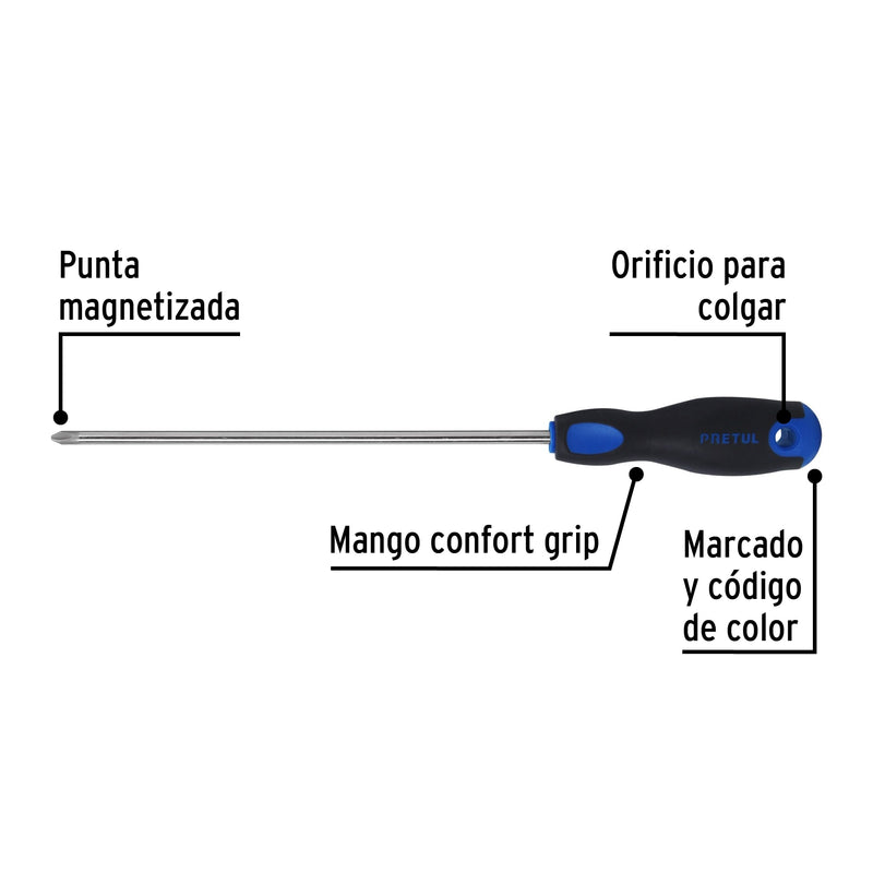 Desarmador punta phillips, 1/4x8", mgo comfort grip, pretul