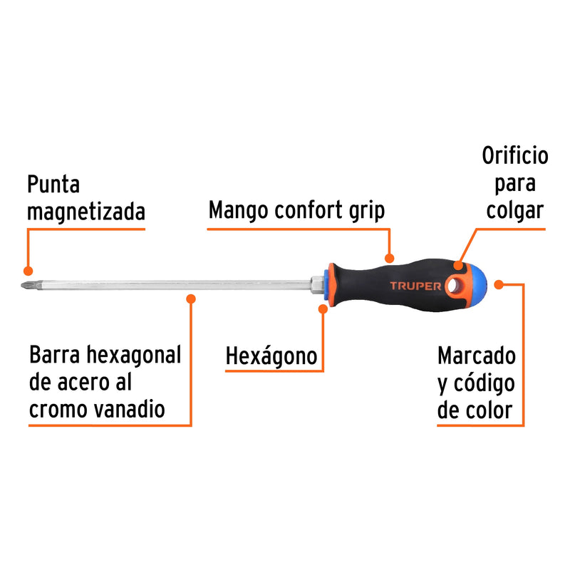 Desarmador punta phillips # 2, mango comfort grip, 8"