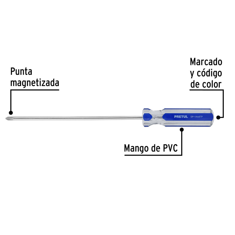 Desarmador punta phillips, 1/4 x 8", mango pvc, pretul