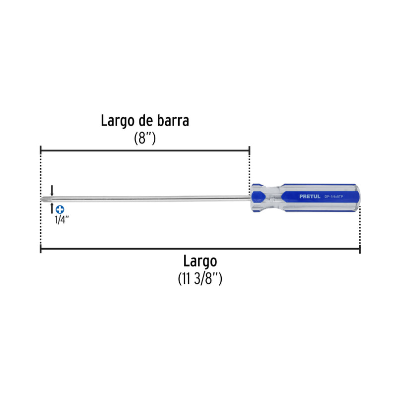 Desarmador punta phillips, 1/4 x 8", mango pvc, pretul