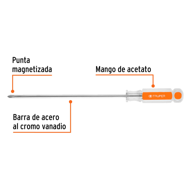 Desarmador punta phillips # 2, mango de acetato 8"