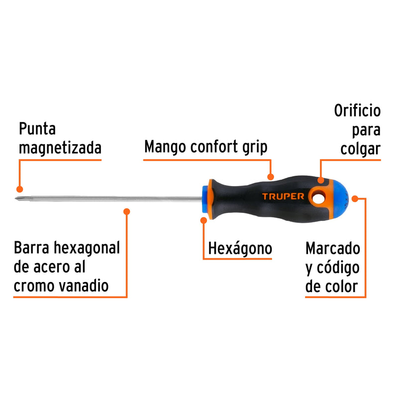 Desarmador punta phillips # 0, mango comfort grip, 4"