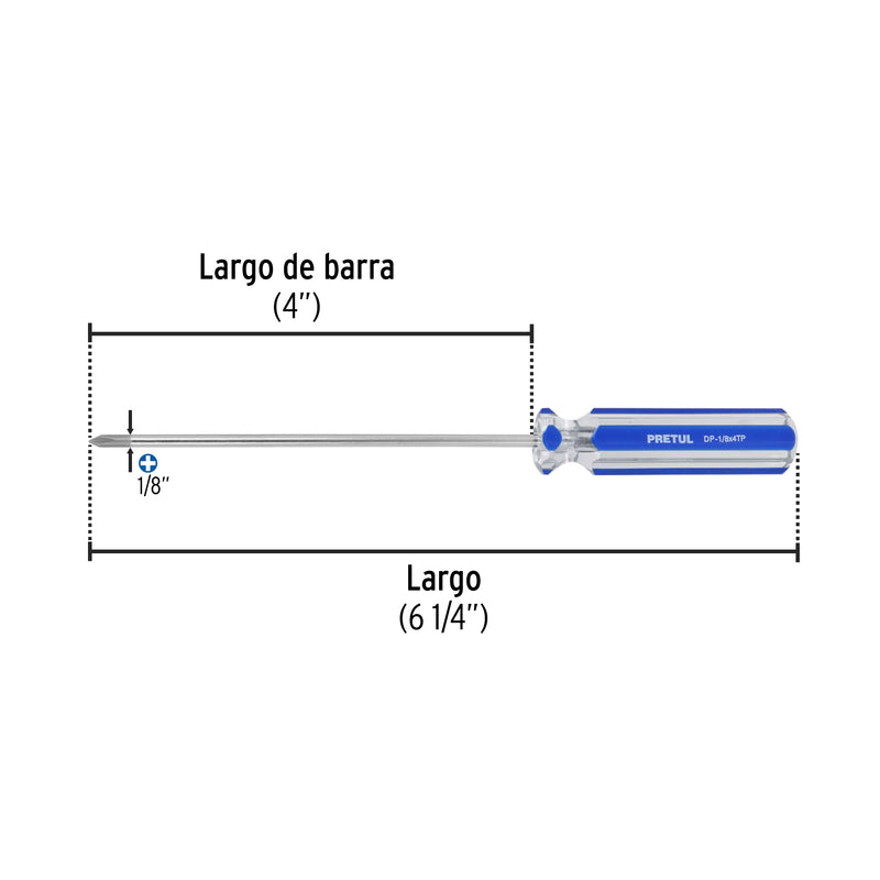 Desarmador punta Phillips, 1/8' x 4', mango PVC, Pretul
