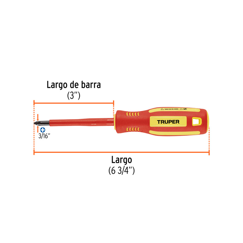 Desarmador dieléctrico de cruz 3/16' x 3', Truper