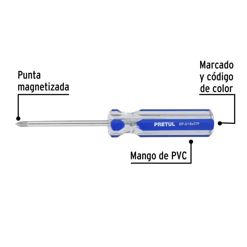Desarmador punta phillips, 3/16 x 3", mango pvc, pretul