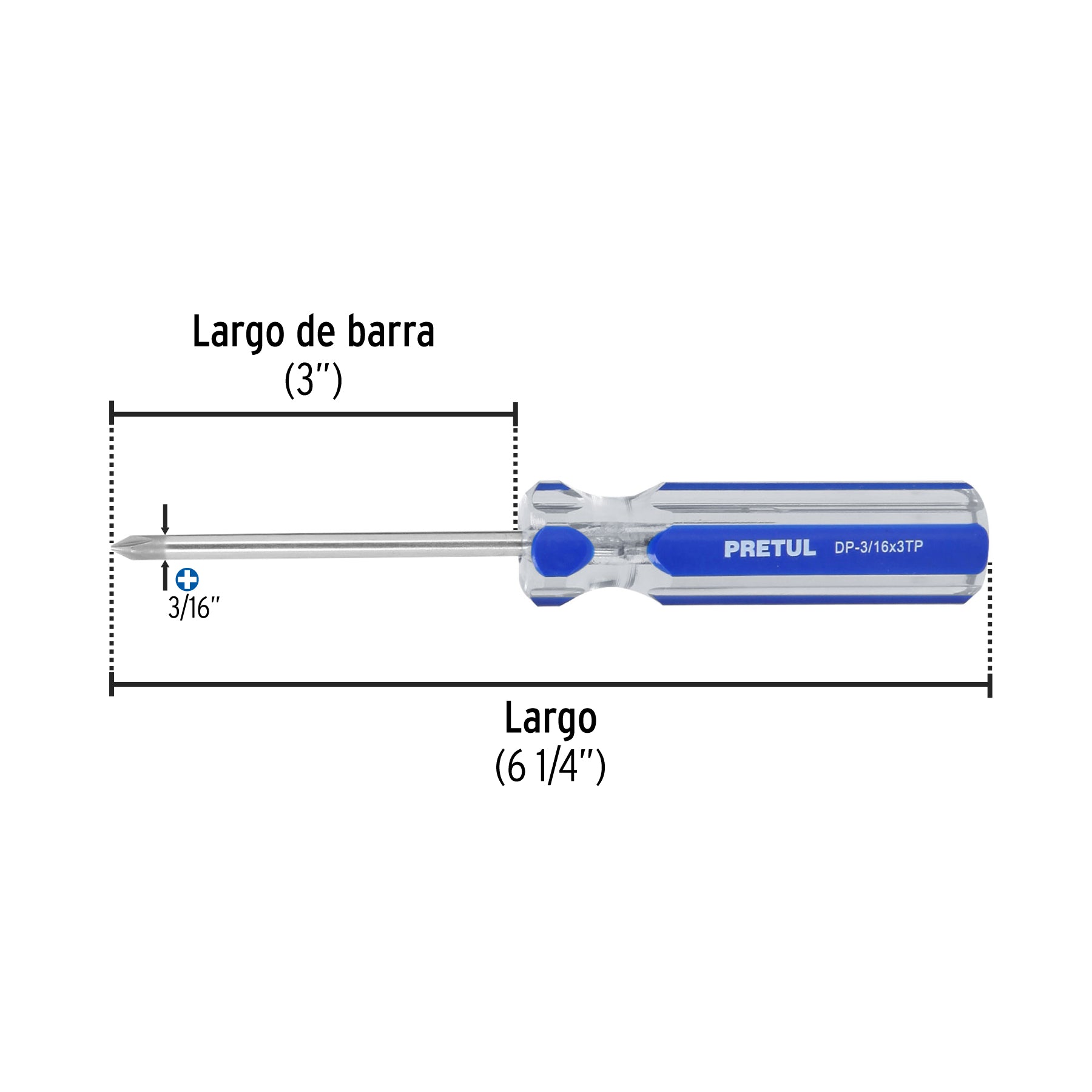 Desarmador punta phillips, 3/16 x 3", mango pvc, pretul