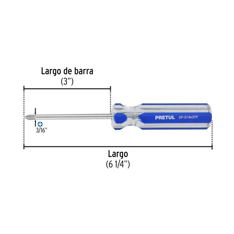 Desarmador punta phillips, 3/16 x 3", mango pvc, pretul