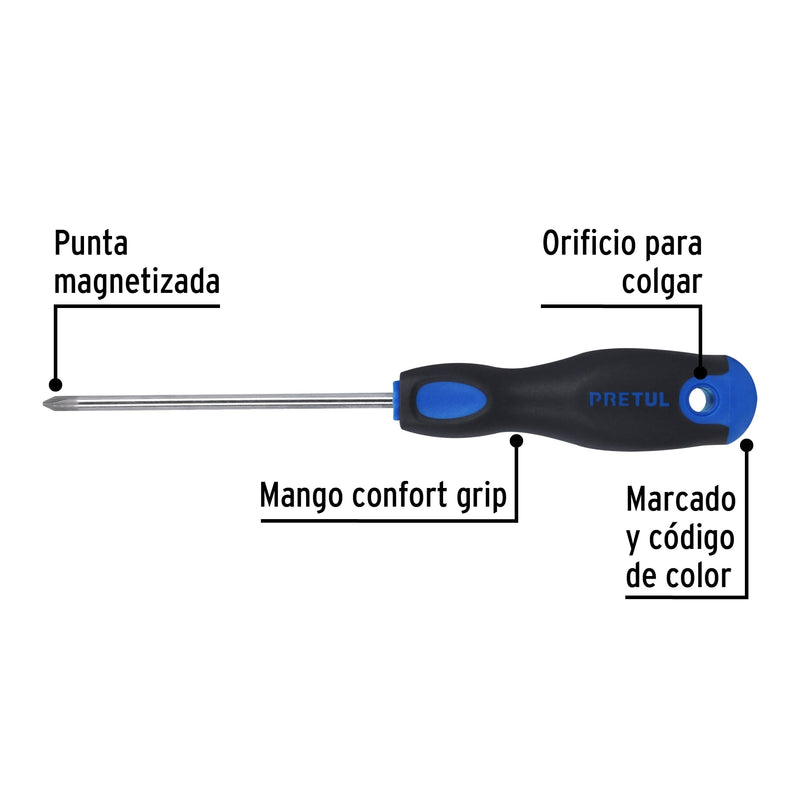 Desarmador punta phillips, 3/16x4", mgo comfort grip, pretul