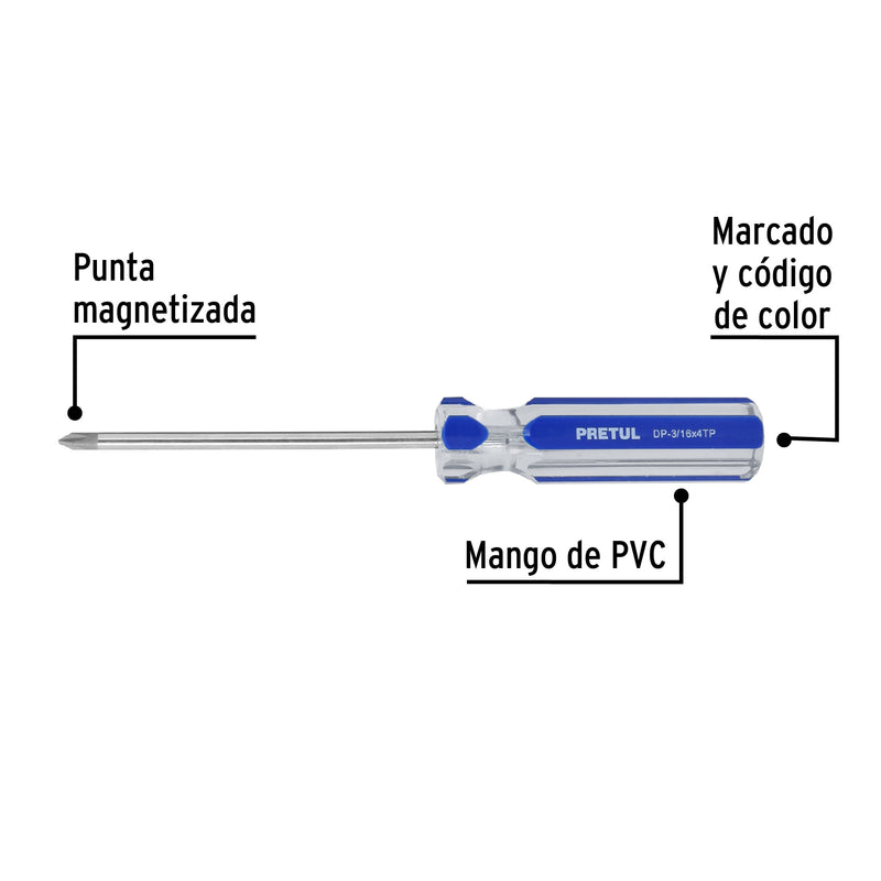 Desarmador punta phillips, 3/16 x 4", mango pvc, pretul