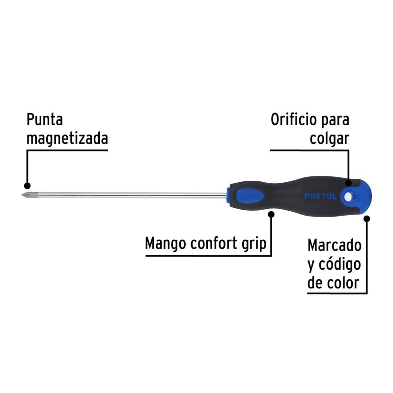 Desarmador punta phillips, 3/16x6", mgo comfort grip, pretul