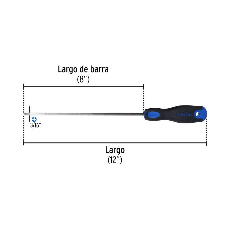 Desarmador punta Phillips,3/16x 8',mango Comfort Grip, Pretu