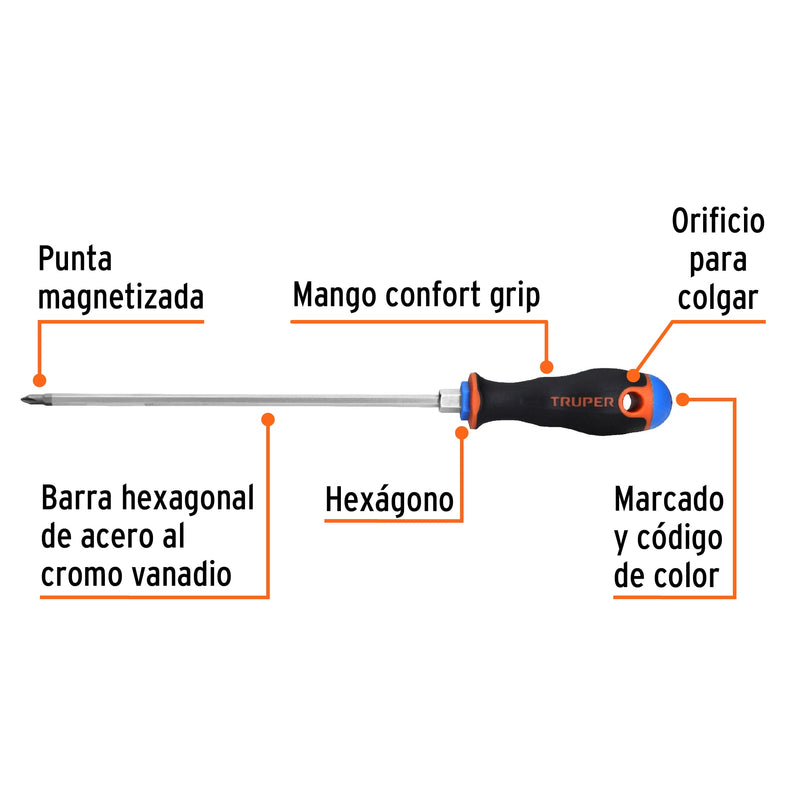 Desarmador punta phillips # 1, mango comfort grip, 8"