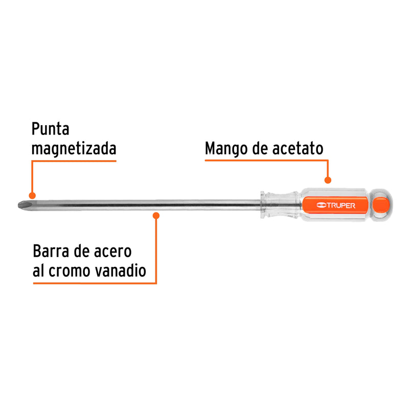 Desarmador punta phillips # 4, mango de acetato 8"