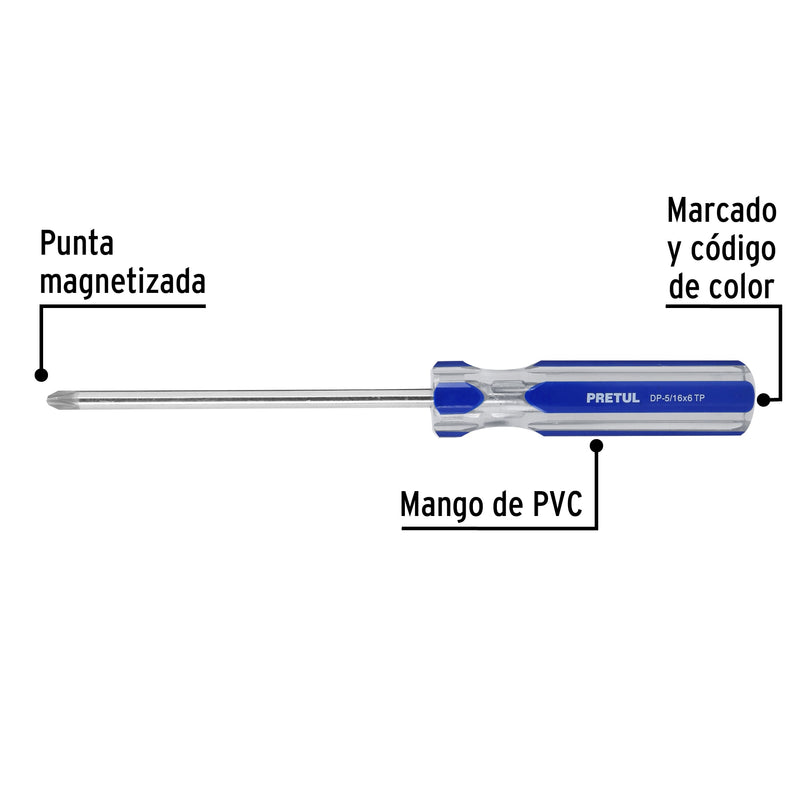 Desarmador punta phillips, 5/16 x 6", mango pvc, pretul