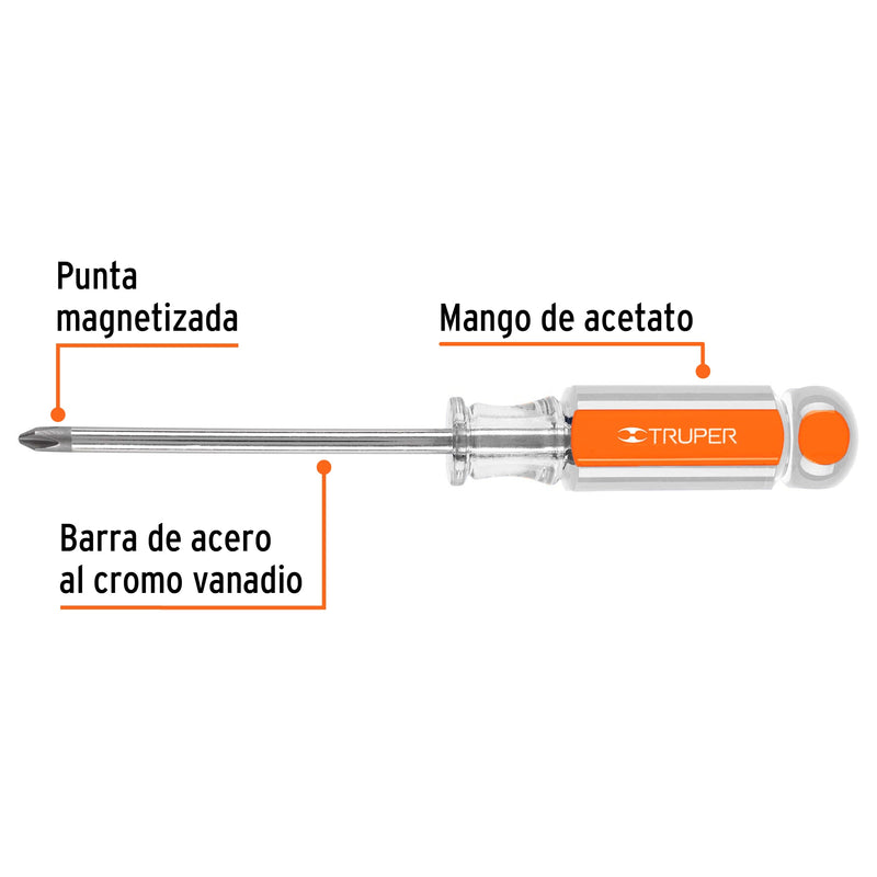 Desarmador punta phillips # 3, mango de acetato 6"