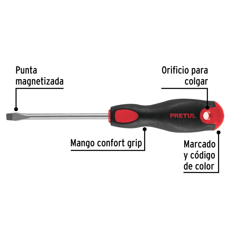 Desarmador plano,1/4x4",mango comfort grip, pretul
