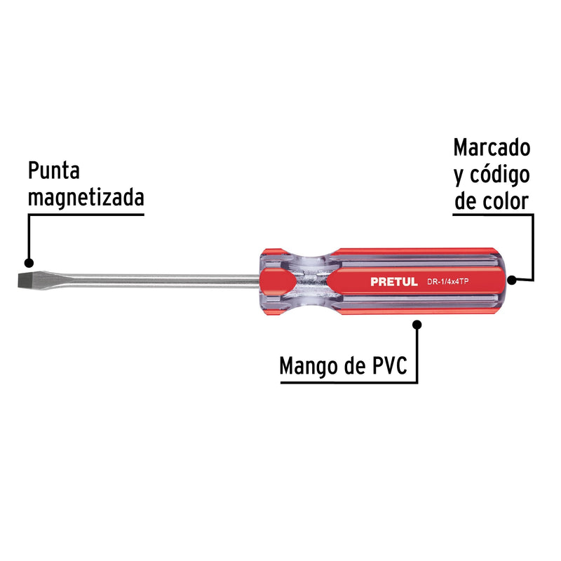 Desarmador plano, 1/4 x 4", mango pvc, pretul