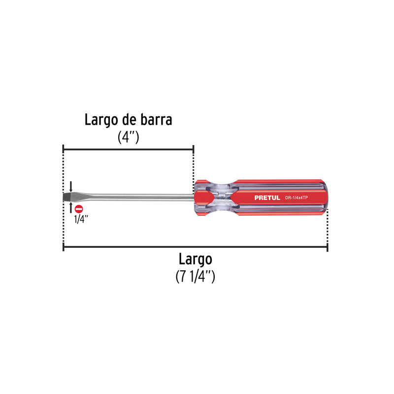 Desarmador plano, 1/4 x 4", mango pvc, pretul