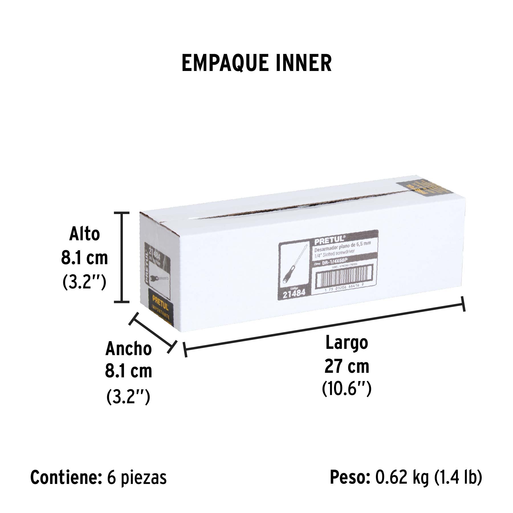 Desarmador plano, 1/4x6", mango comfort grip, pretul