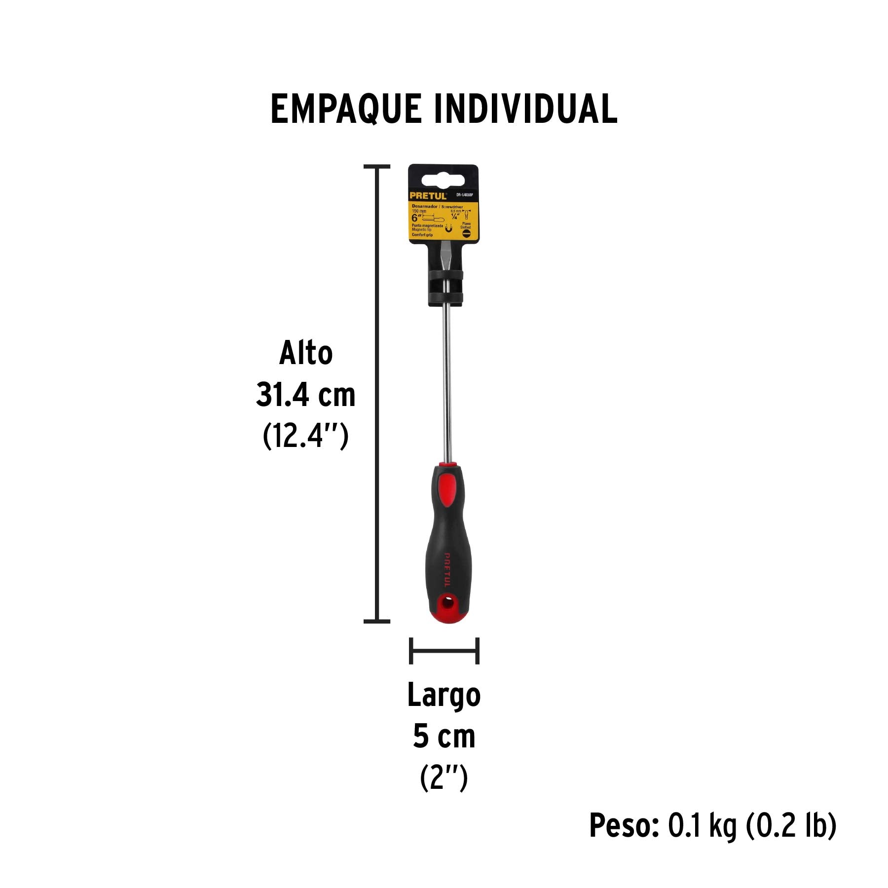 Desarmador plano, 1/4x6", mango comfort grip, pretul