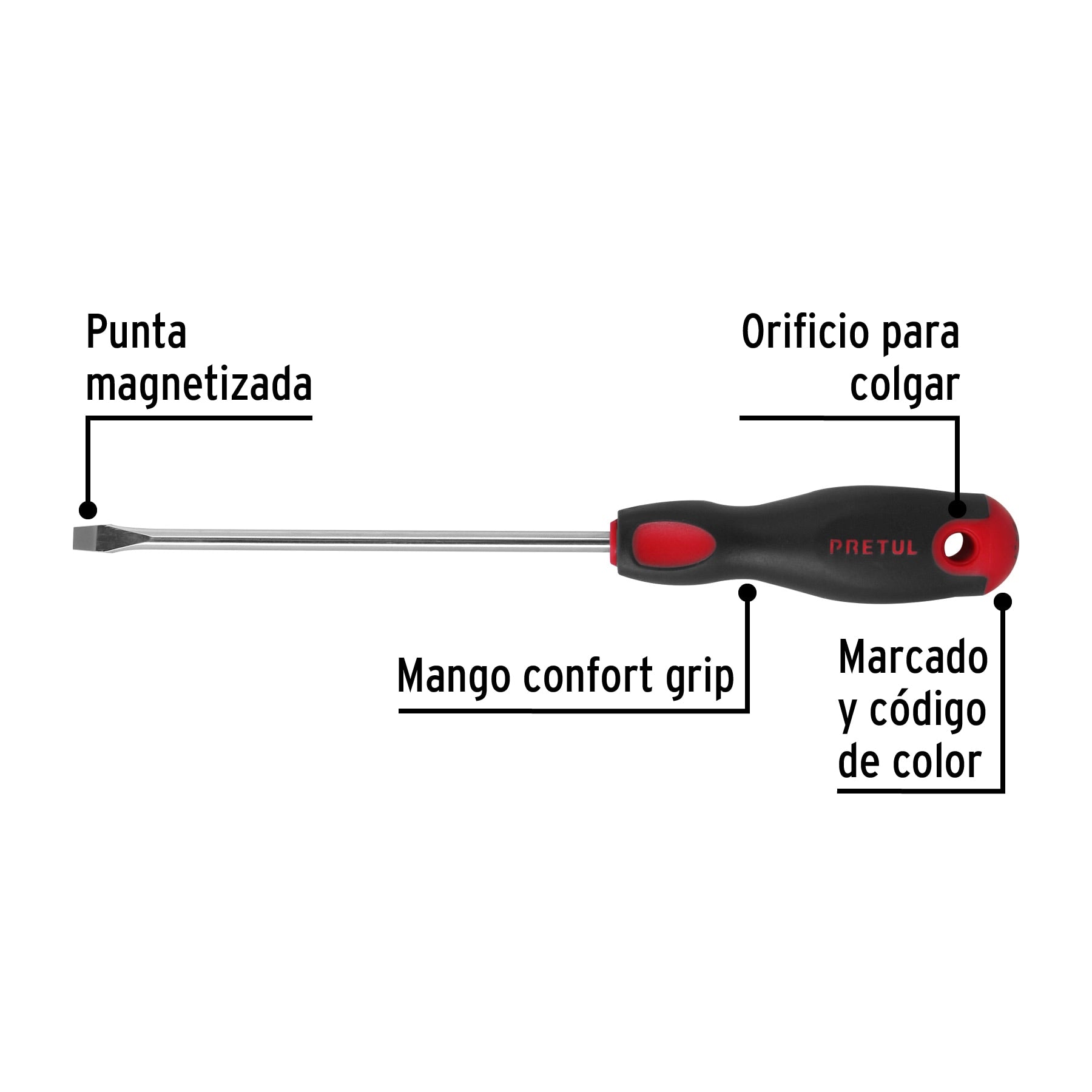 Desarmador plano, 1/4x6", mango comfort grip, pretul