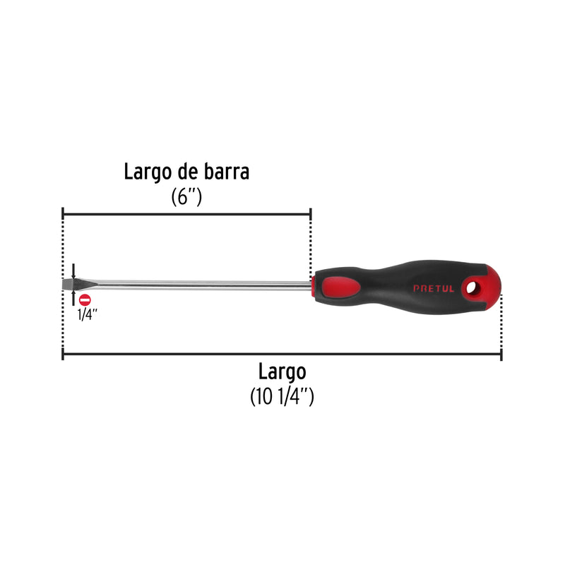 Desarmador plano, 1/4x6", mango comfort grip, pretul