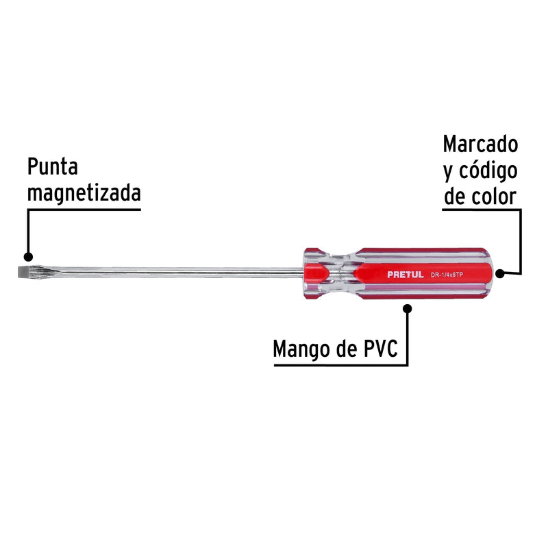 Desarmador plano, 1/4 x 6", mango pvc, pretul