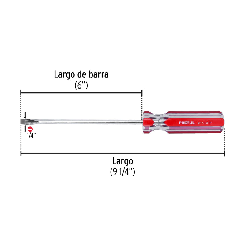 Desarmador plano, 1/4 x 6", mango pvc, pretul