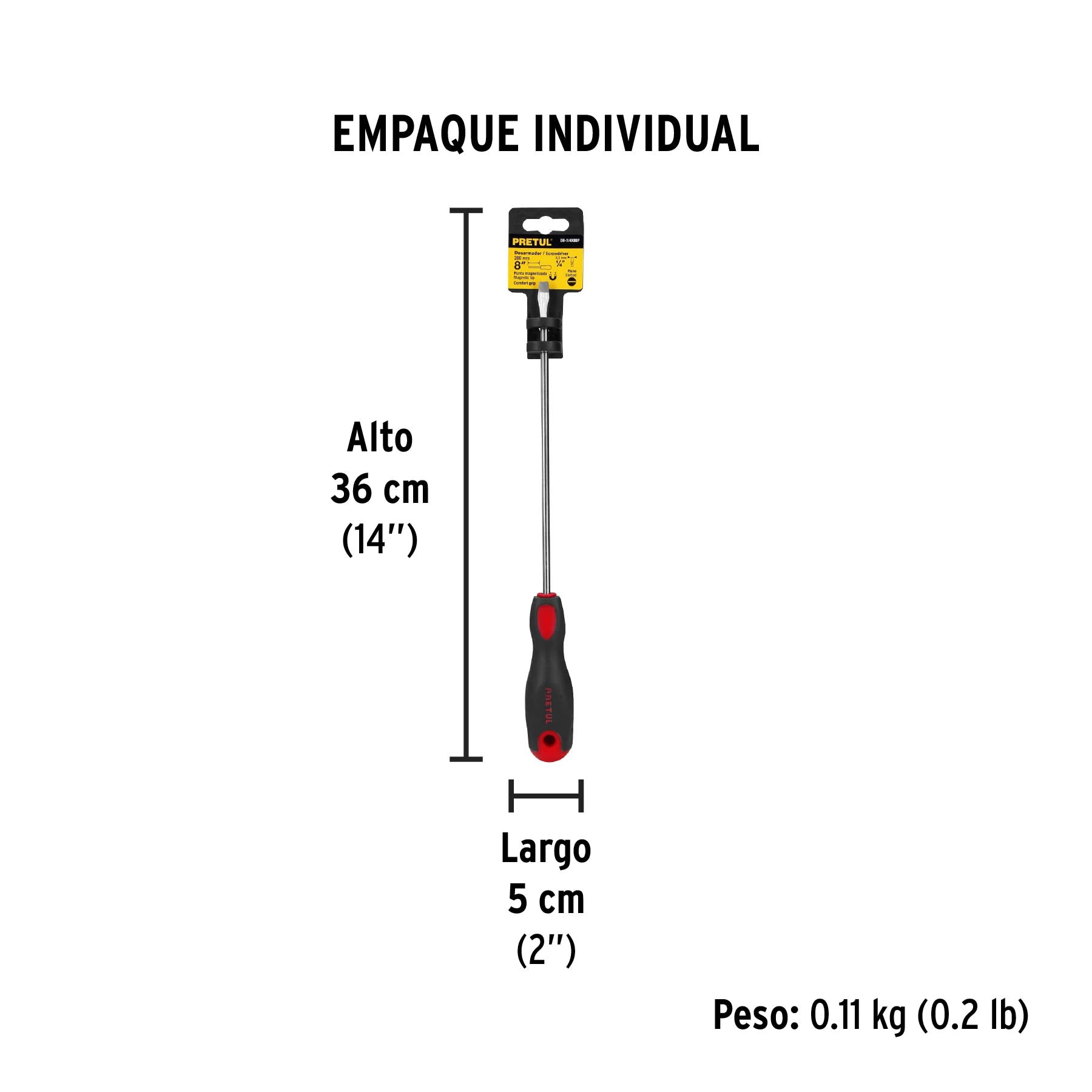 Desarmador plano, 1/4x8", mango comfort grip, pretul