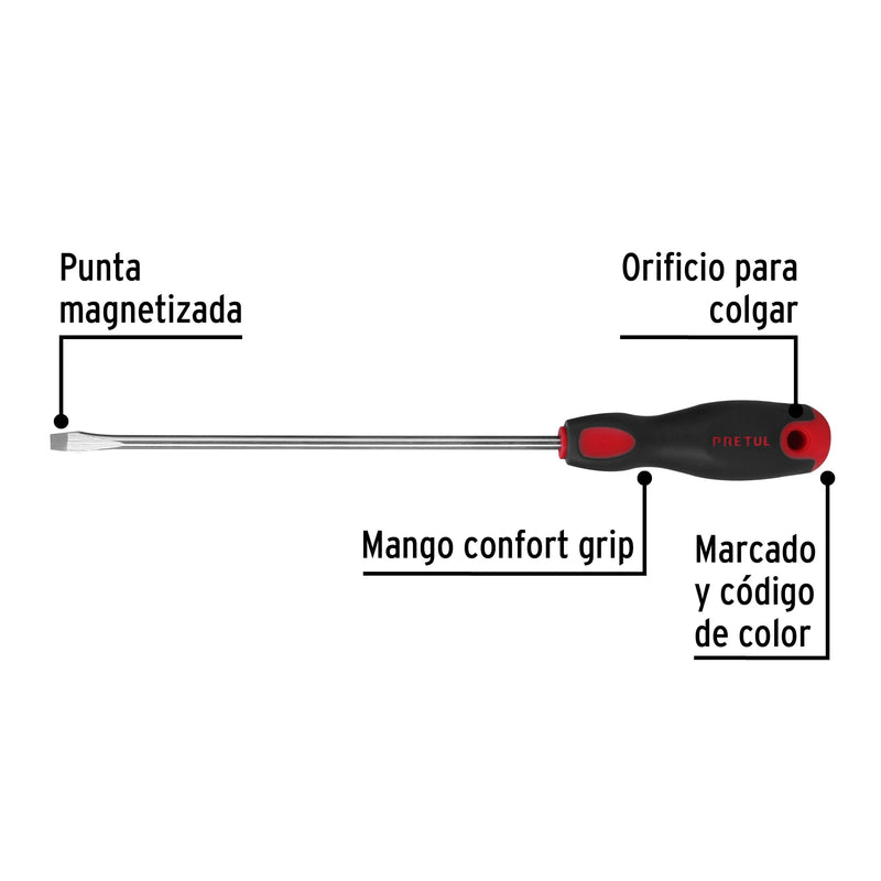 Desarmador plano, 1/4x8", mango comfort grip, pretul