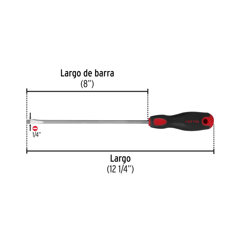 Desarmador plano, 1/4x8", mango comfort grip, pretul