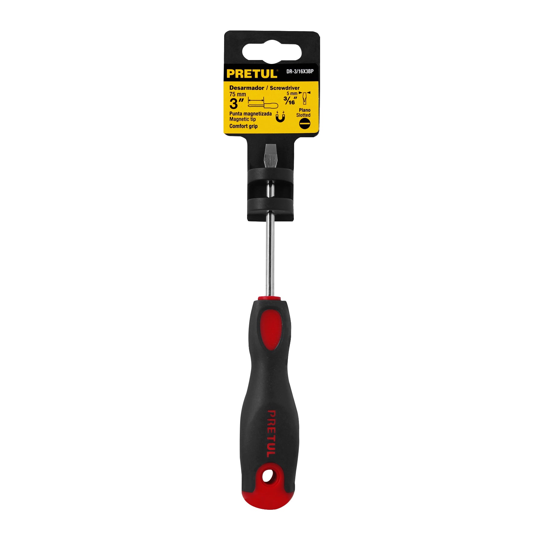 Desarmador plano, 3/16 x 3", mgo comfort grip, pretul