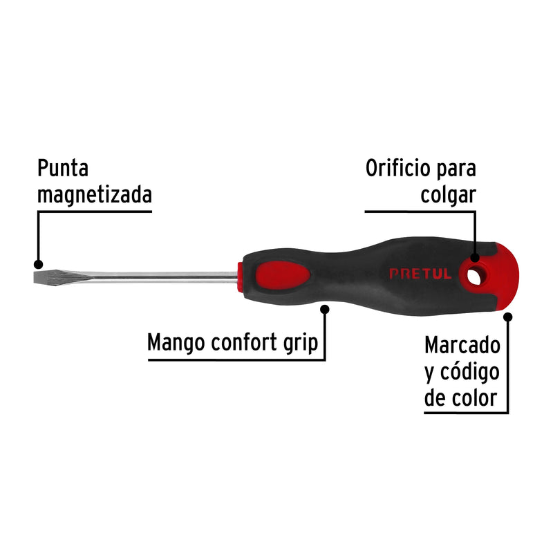Desarmador plano, 3/16 x 3", mgo comfort grip, pretul