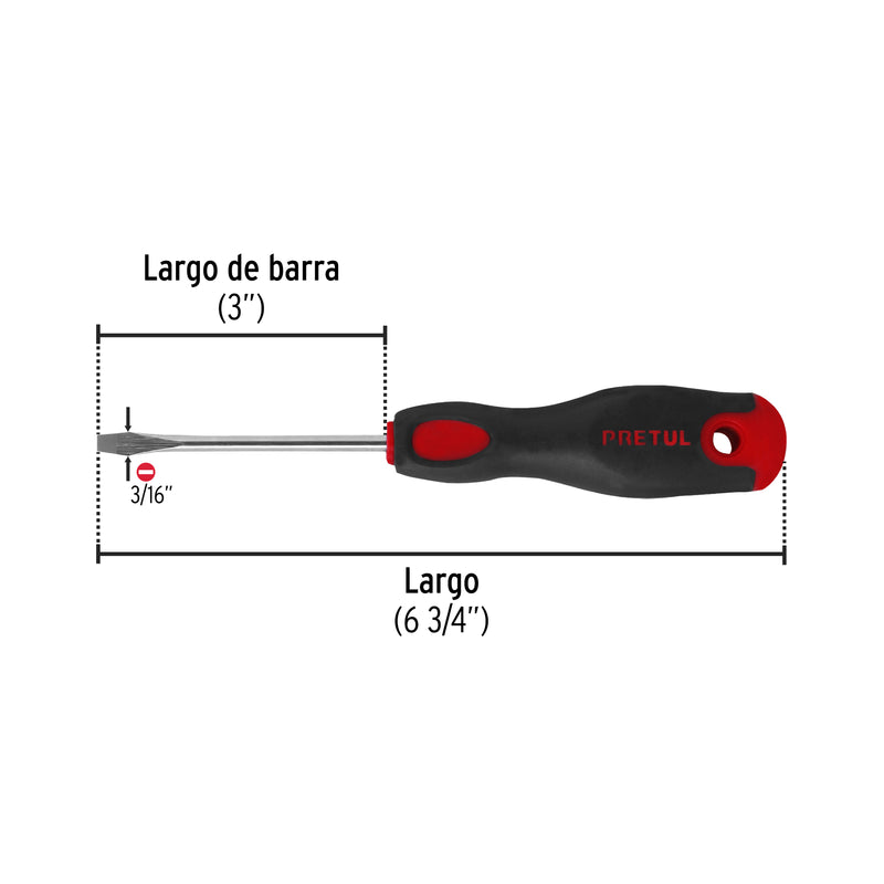 Desarmador plano, 3/16 x 3", mgo comfort grip, pretul