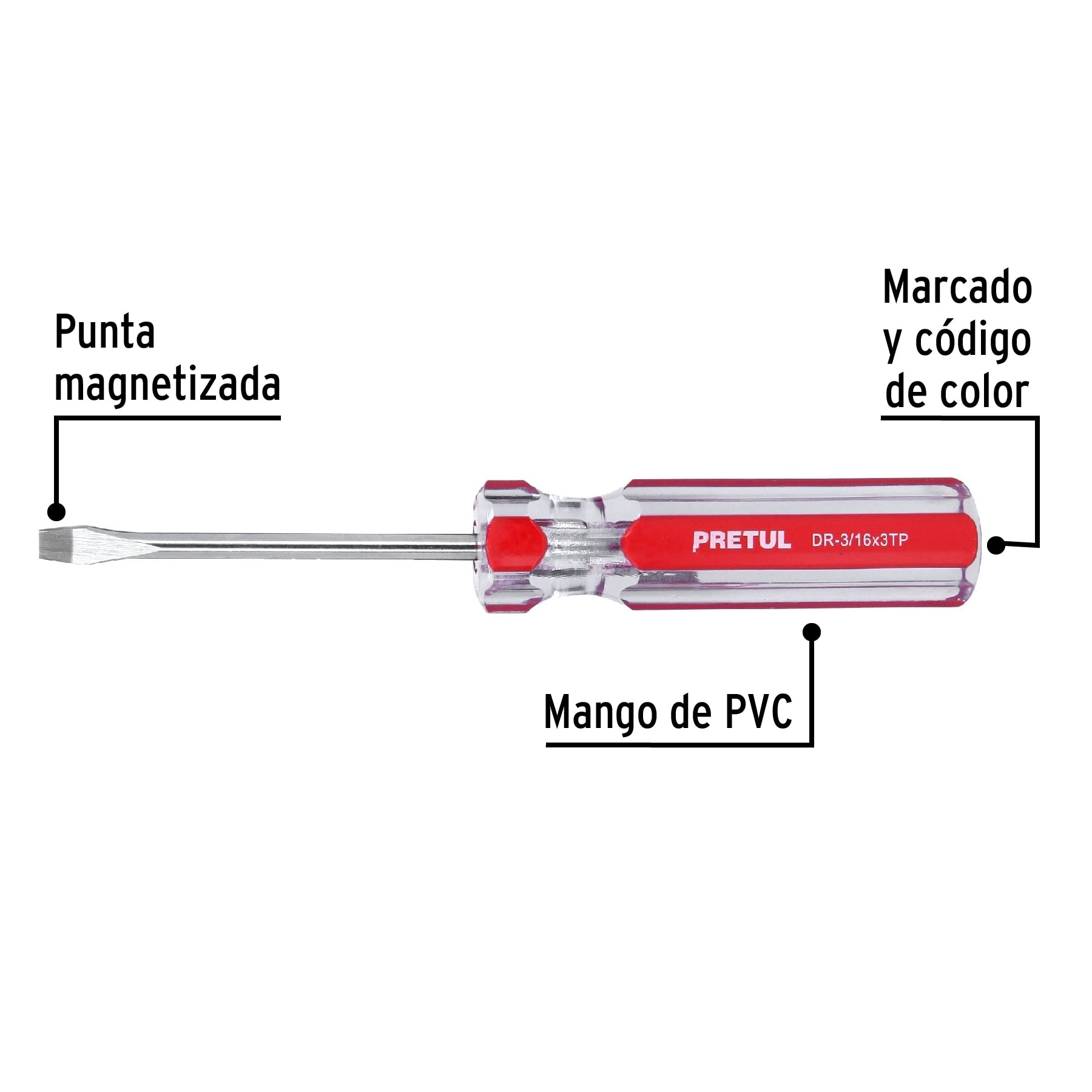 Desarmador plano, 3/16 x 3", mango pvc, pretul
