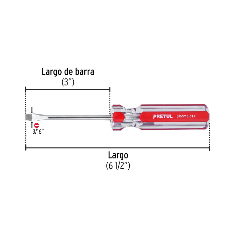 Desarmador plano, 3/16 x 3", mango pvc, pretul