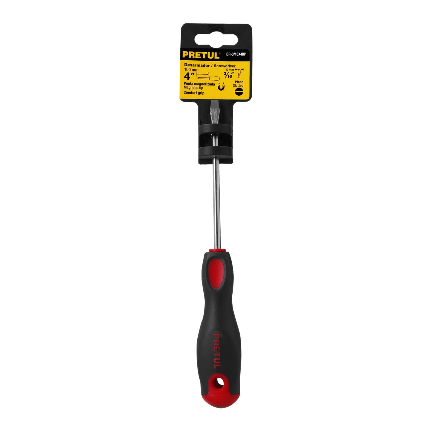 Desarmador plano, 3/16x4", mgo comfort grip, pretul