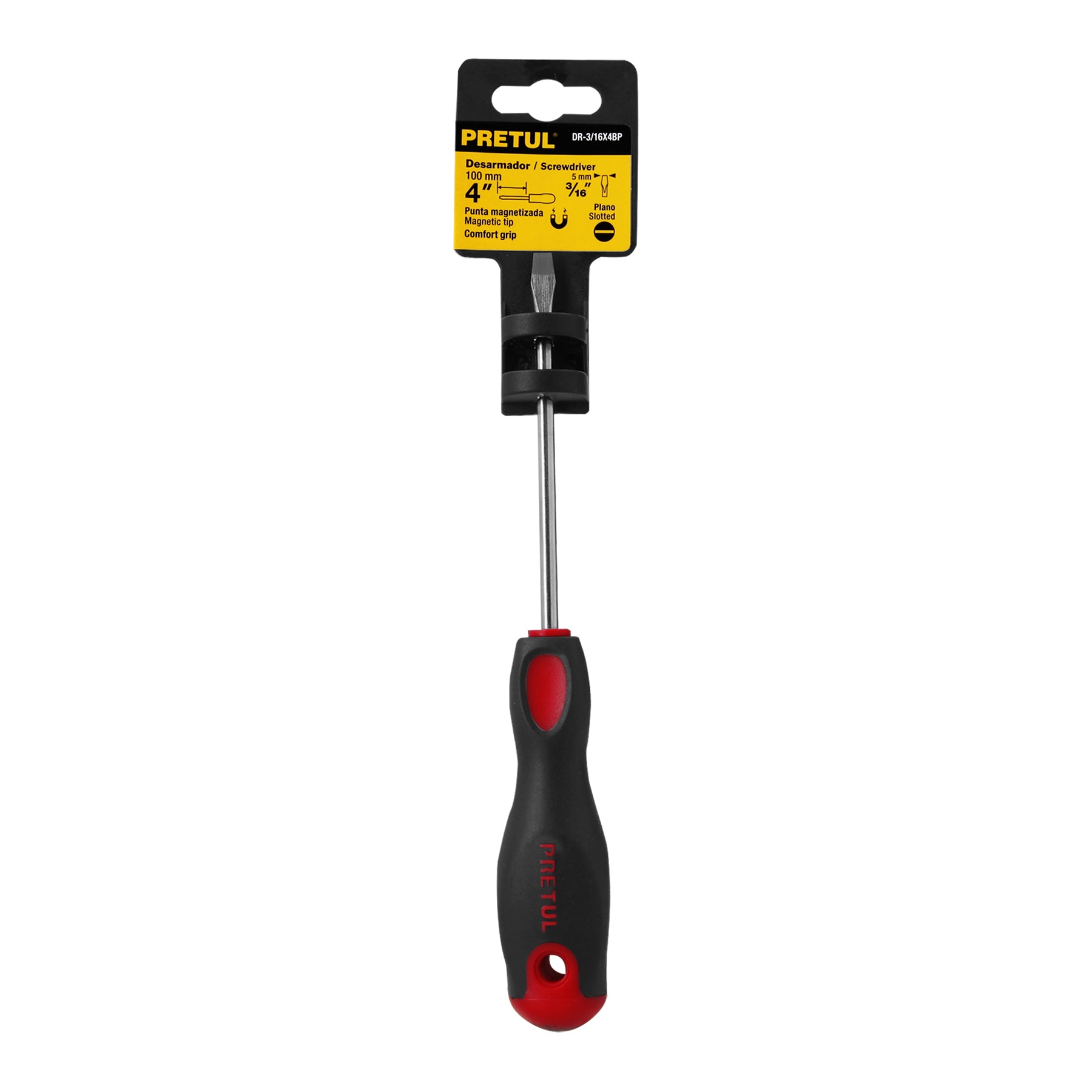 Desarmador plano, 3/16x4", mgo comfort grip, pretul