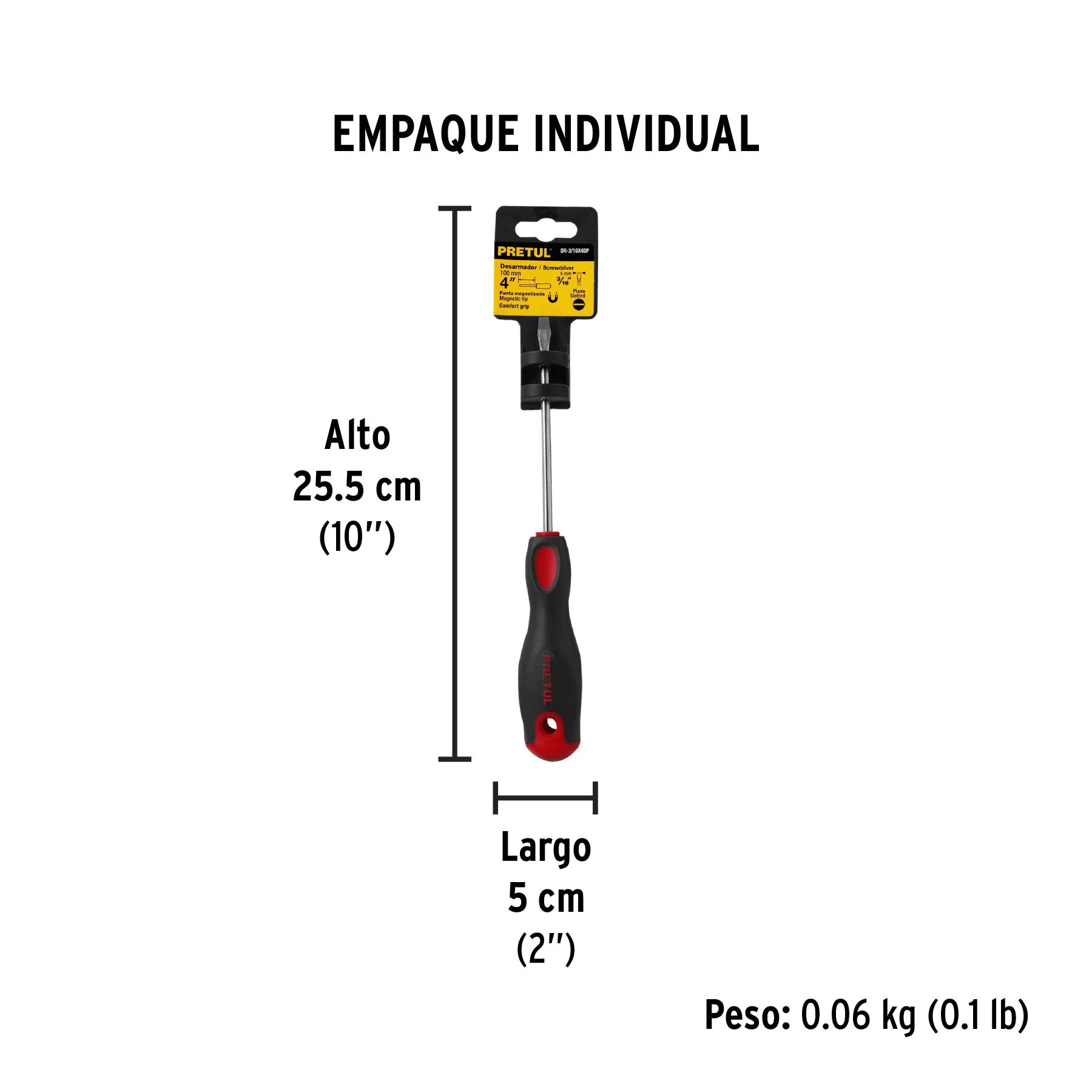 Desarmador plano, 3/16x4", mgo comfort grip, pretul