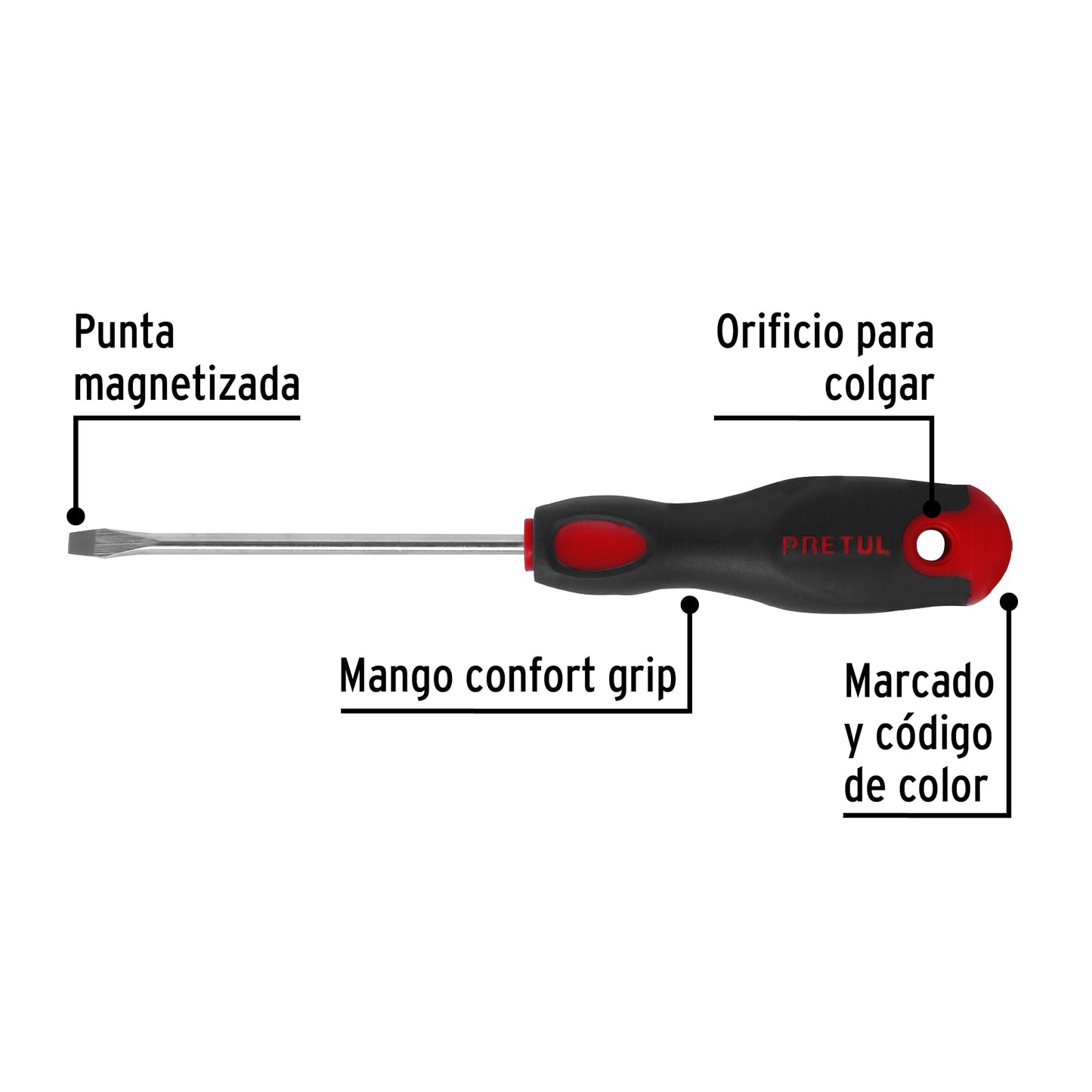 Desarmador plano, 3/16x4", mgo comfort grip, pretul