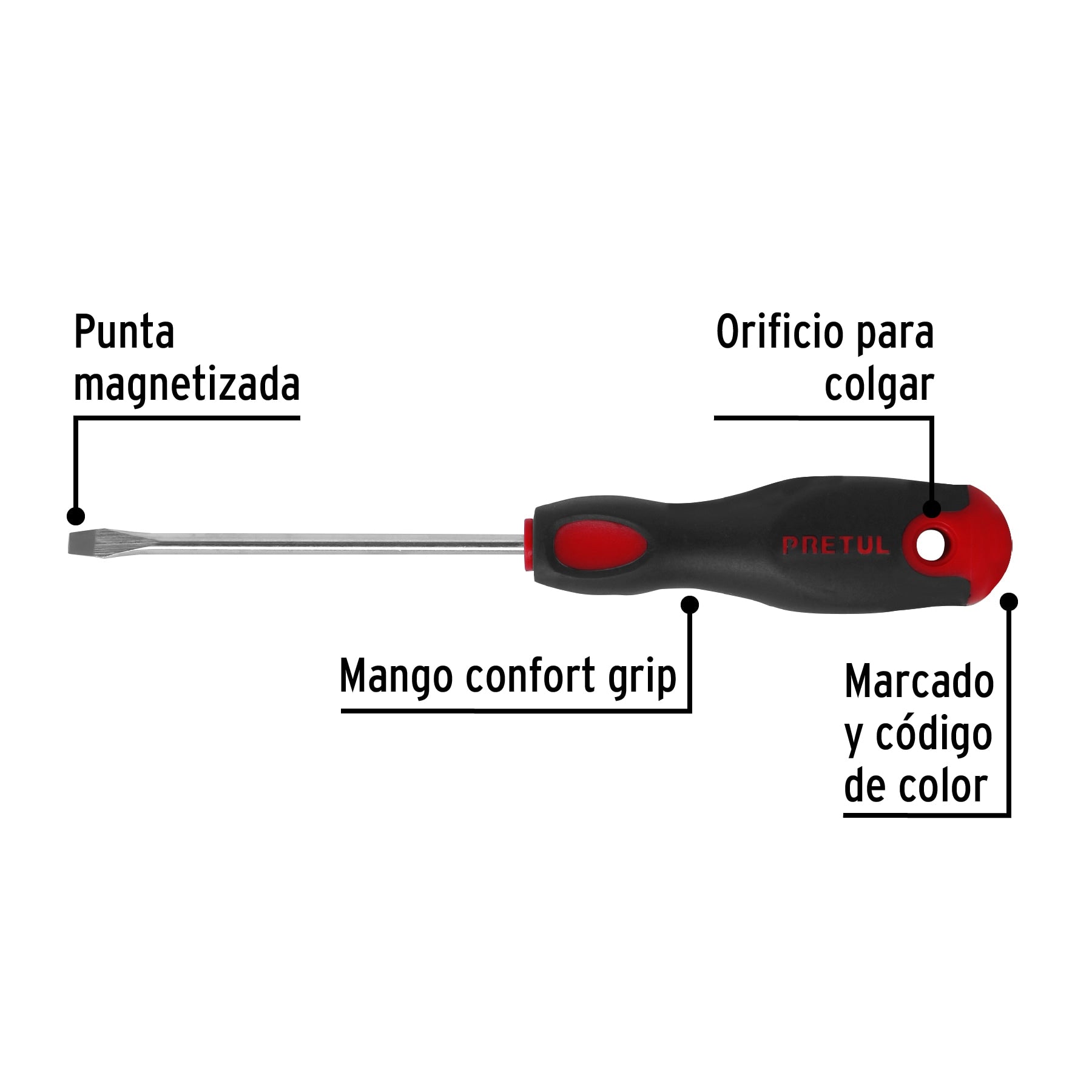 Desarmador plano, 3/16x4", mgo comfort grip, pretul